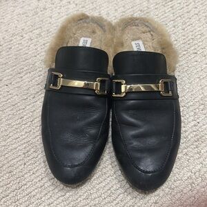 Steve Madden Black Loafers with Gold Buckles